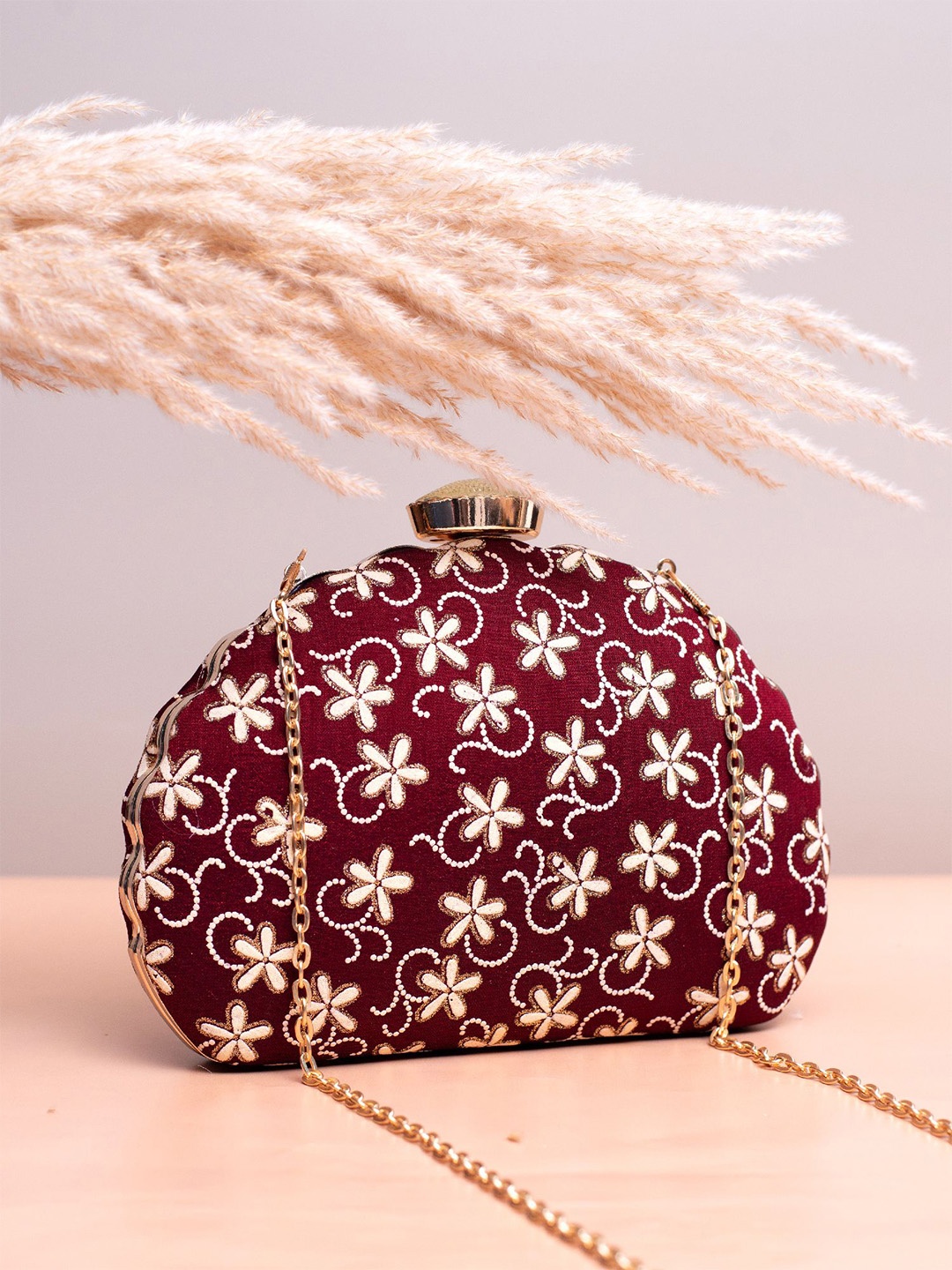 

ARTKLIM Floral Embroidered Box Clutch, Maroon