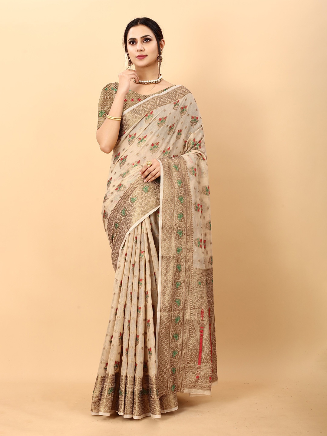 

Anaita Woven Design Banarasi Saree With Blouse Piece, Cream