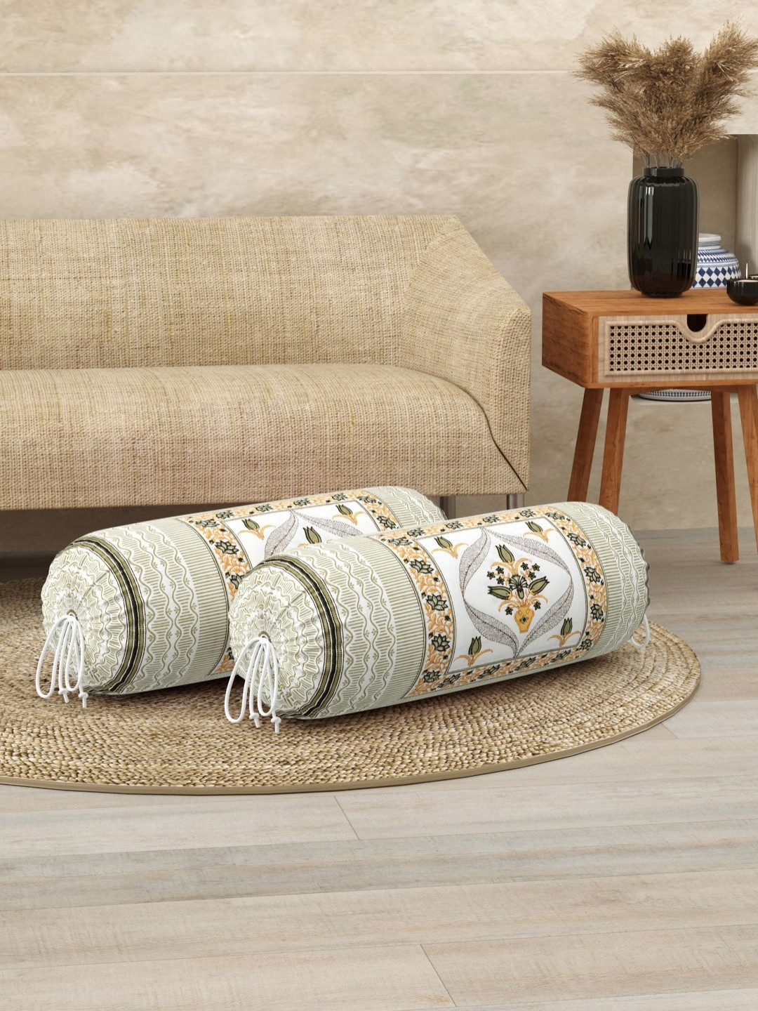 

BLOCKS OF INDIA White & Green 2 Pieces Ethnic Motifs Printed Cotton Bolster Cover Set