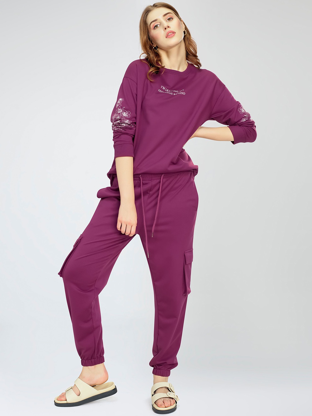

Zeyo Women Printed Round Neck Co-Ords, Purple