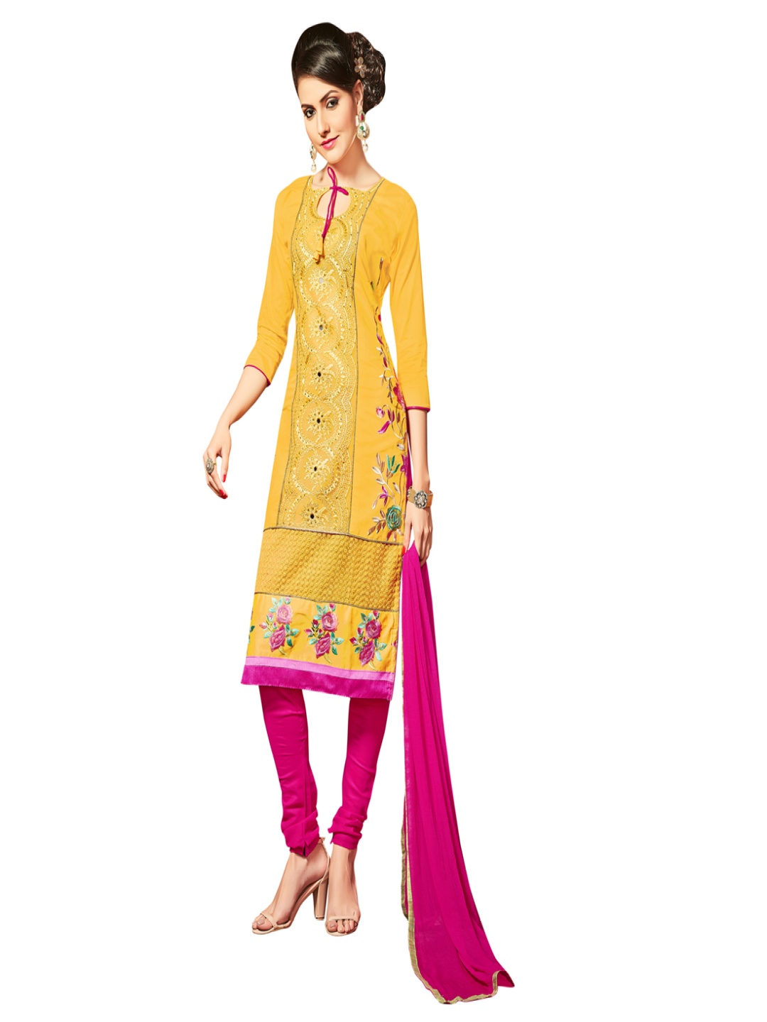 

Maroosh Floral Embroidered Mirror Work Unstitched Dress Material, Yellow