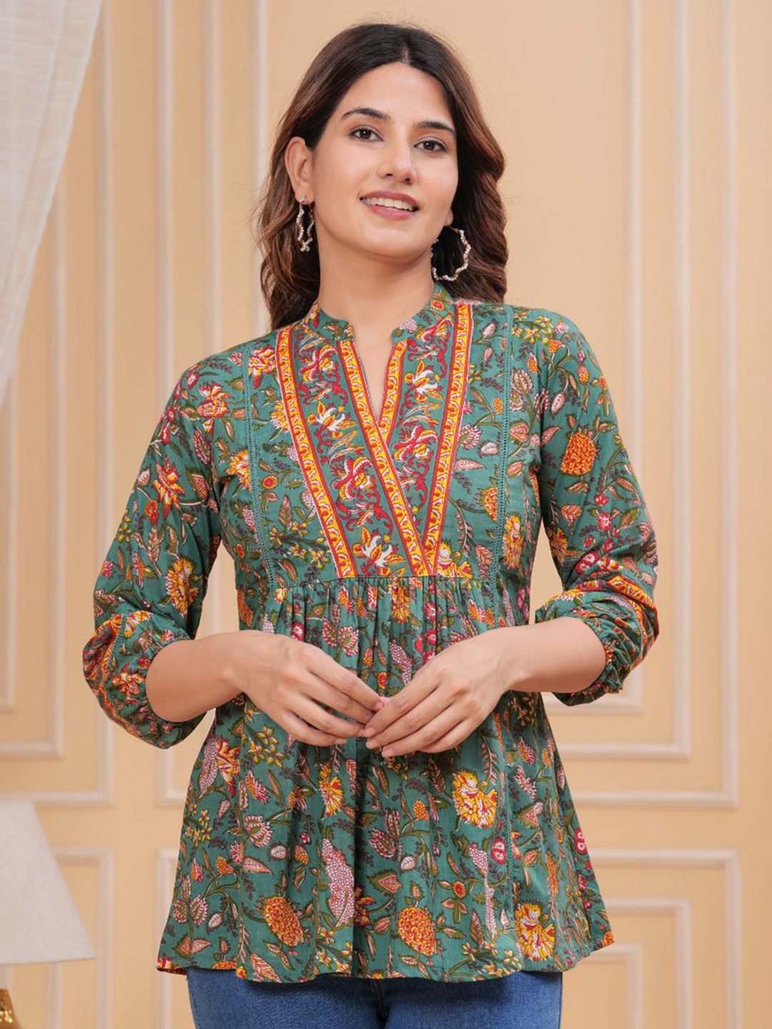 

KALINI Women Floral Printed Mandarin Collar Cotton Top, Green