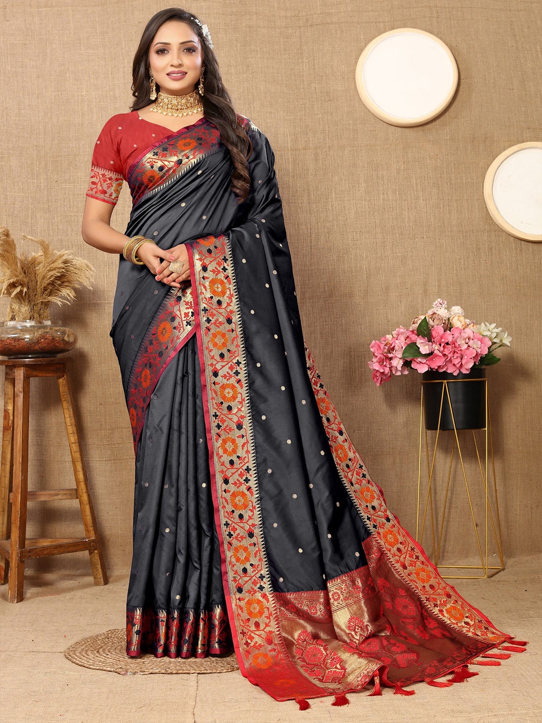 

Anaita Woven Design Zari Silk Blend Banarasi Saree, Black