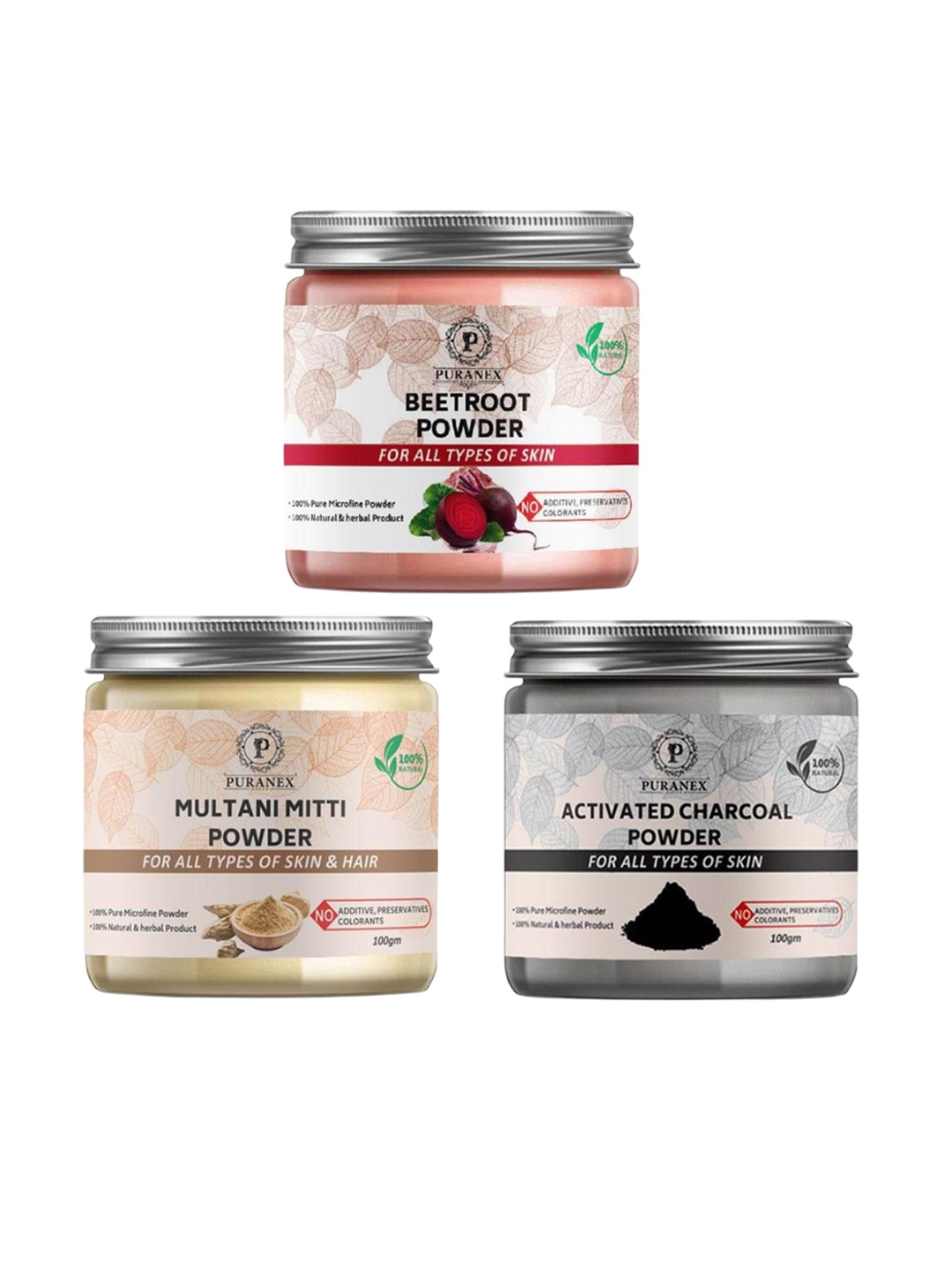 

Puranex Set Of 3 Beetroot, Multani Mitti, Activated Charcoal Skin & Hair Powder-100 g Each, White