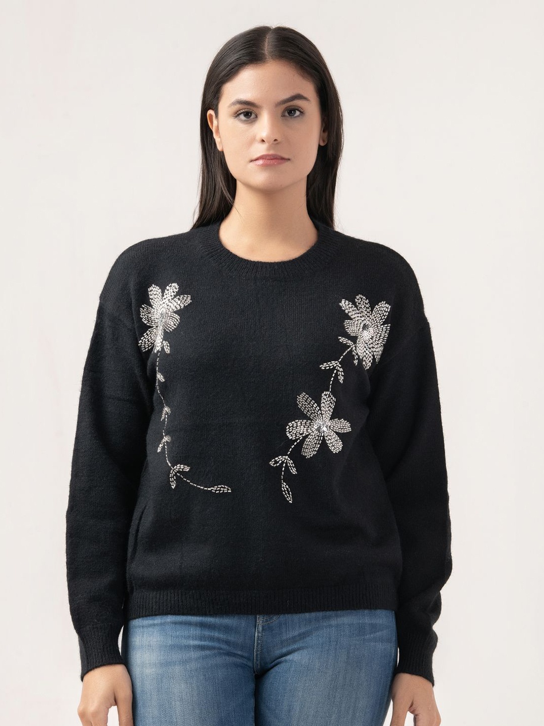 

Albion By CnM Women Embroidered Pullover Sweaters, Black