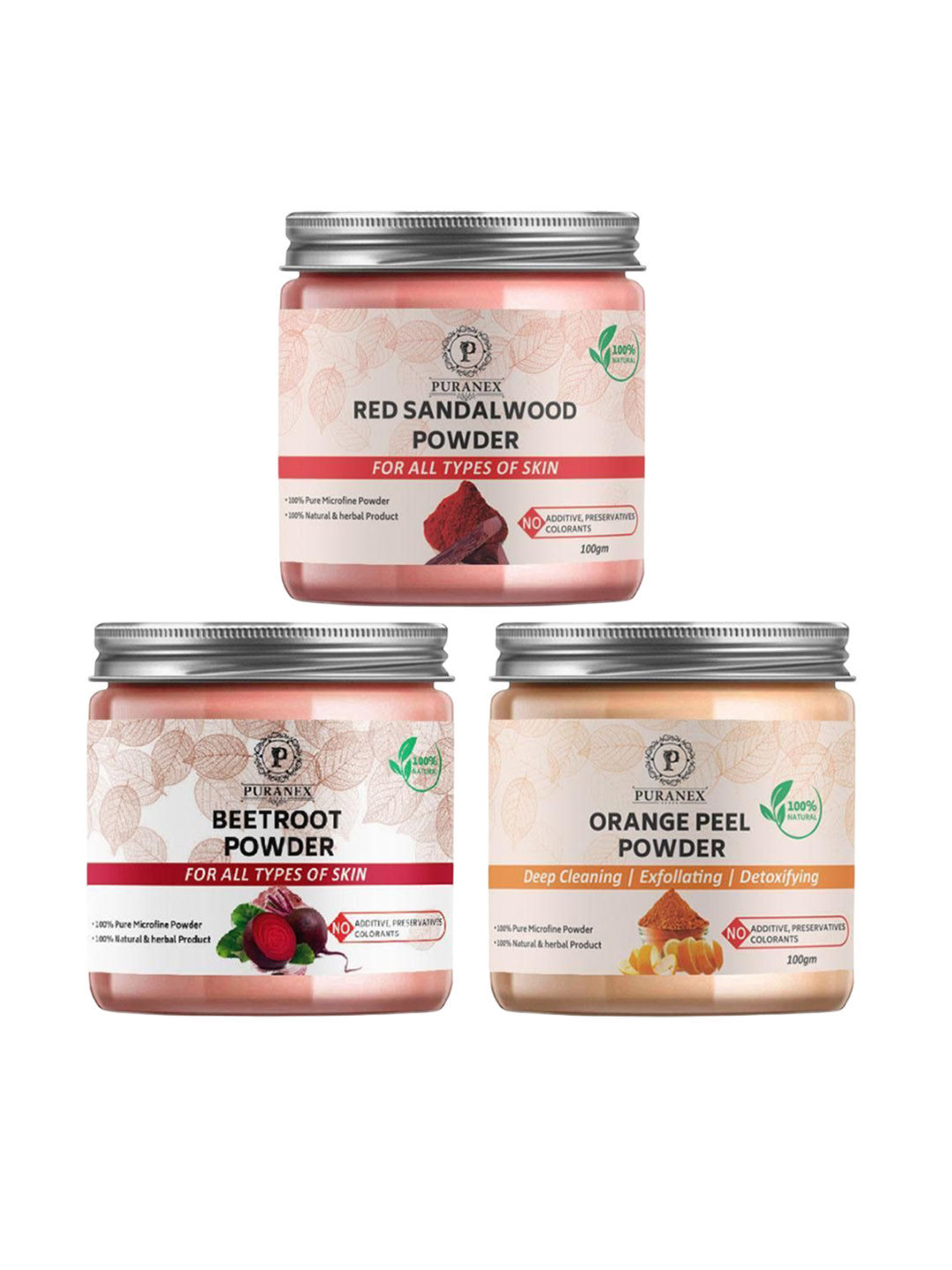 

Puranex Set Of 3 Red Sandalwood- Beetroot & Orange Peel Powder - 100 g Each, White
