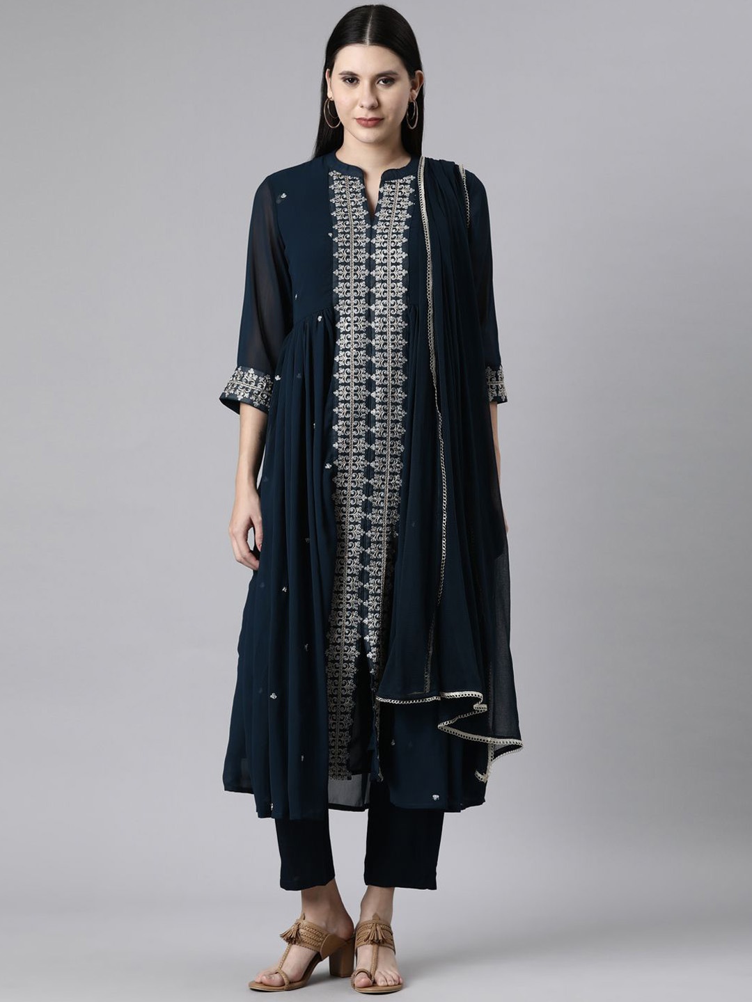 

Neerus Ethnic Motifs Embroidered Anarkali Kurta with Trousers & Dupatta, Teal