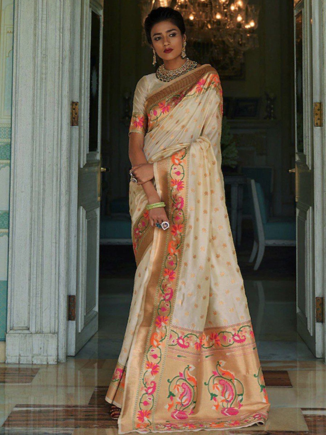 

Fashion Booms Ethnic Motifs Zari Woven Design Pure Silk Banarasi Saree, White