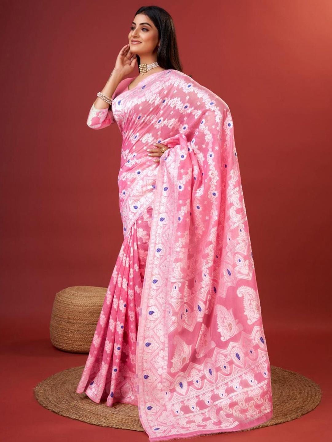 

Fashion Booms Woven Design Zari Pure Silk Banarasi Saree, Pink
