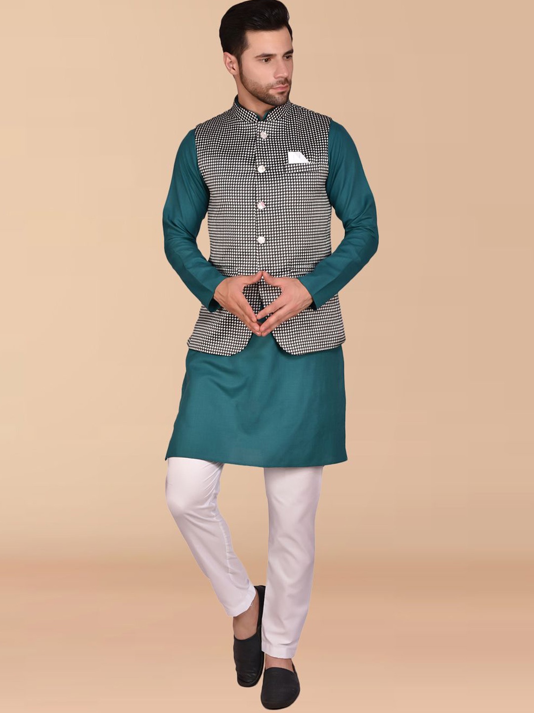 

PRINTINDIA Mandarin Collar Pure Cotton Straight Kurta with Trousers, Teal