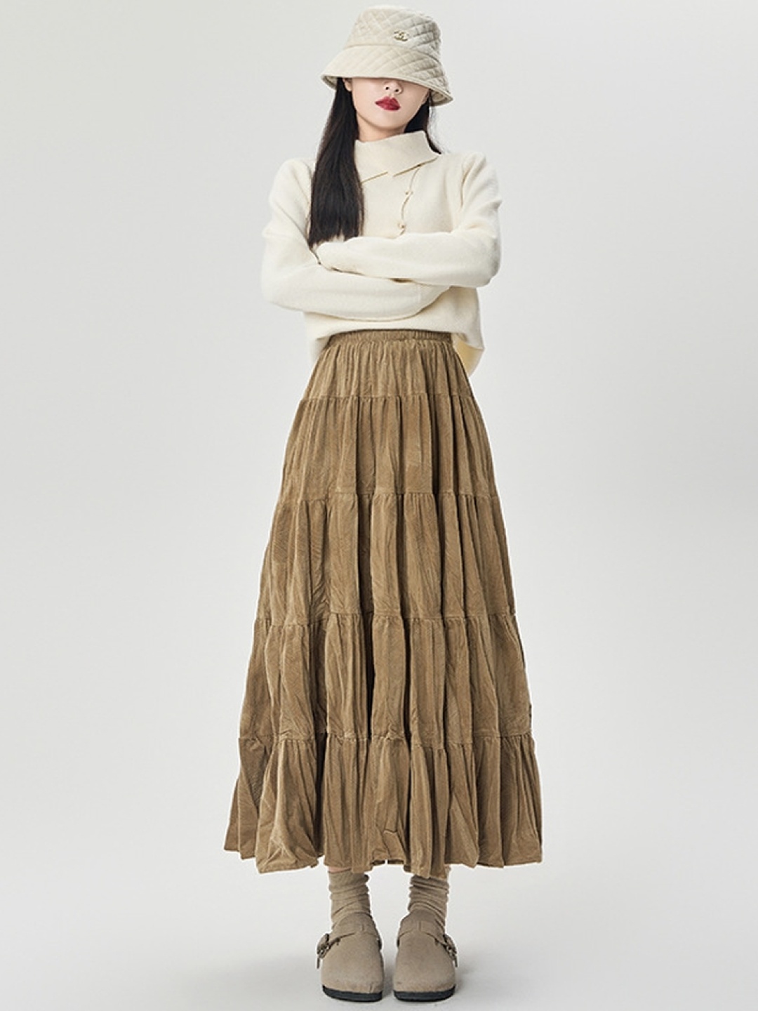

LULU & SKY Women Washed Flared Tier Maxi Skirt, Khaki