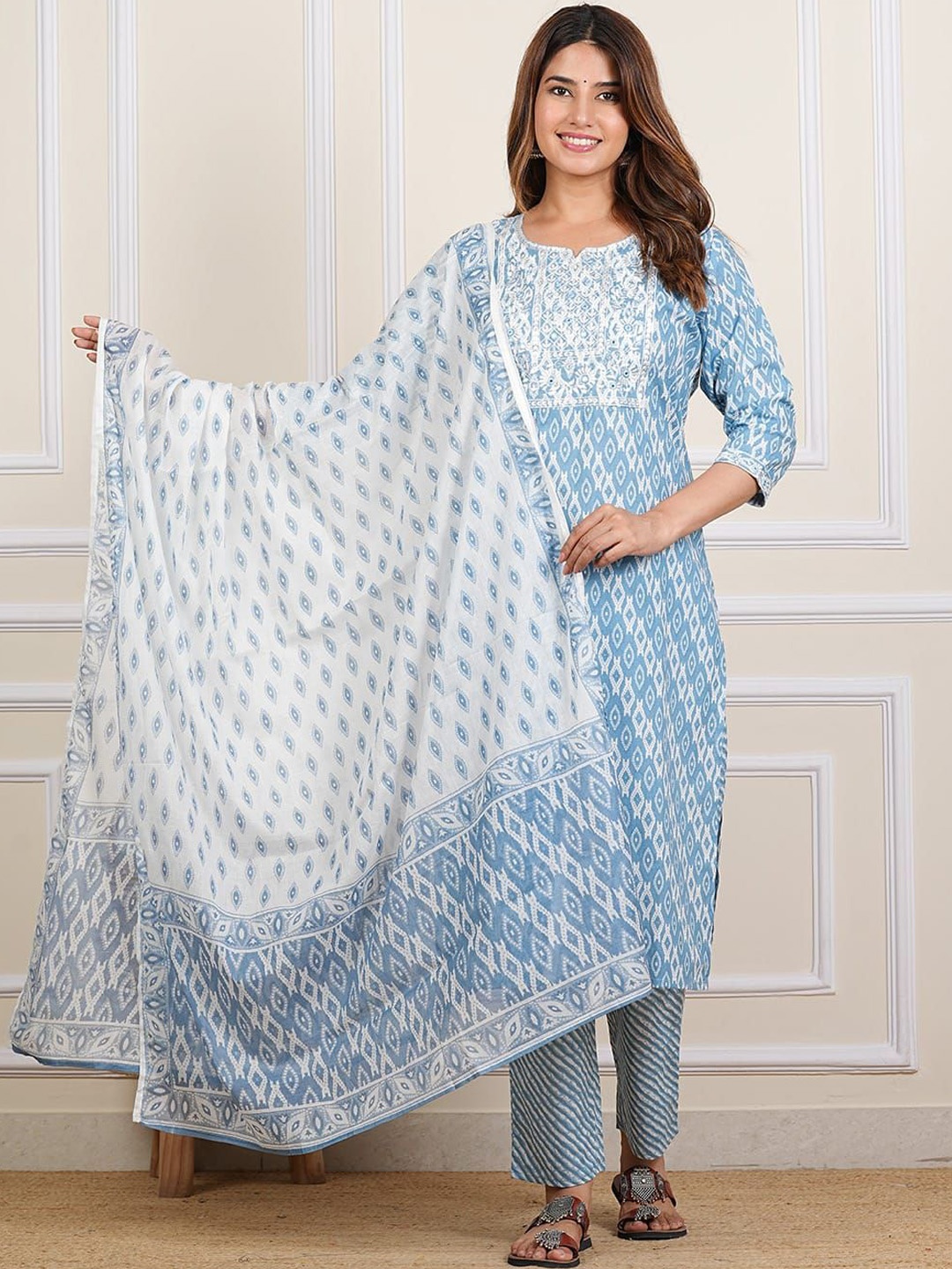 

Radhika Fashion Geometric Printed Thread Work Pure Cotton Kurta & Trouser & Dupatta, Blue