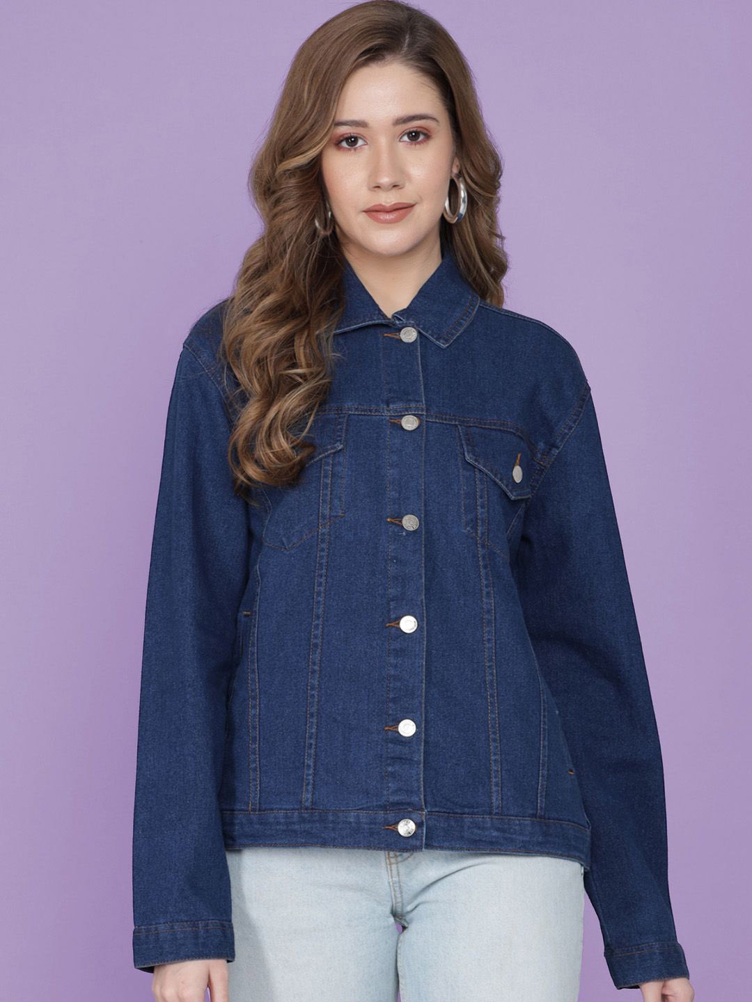 

Kotty Women Spread Collar Solid Cotton Casual Denim Jacket, Blue