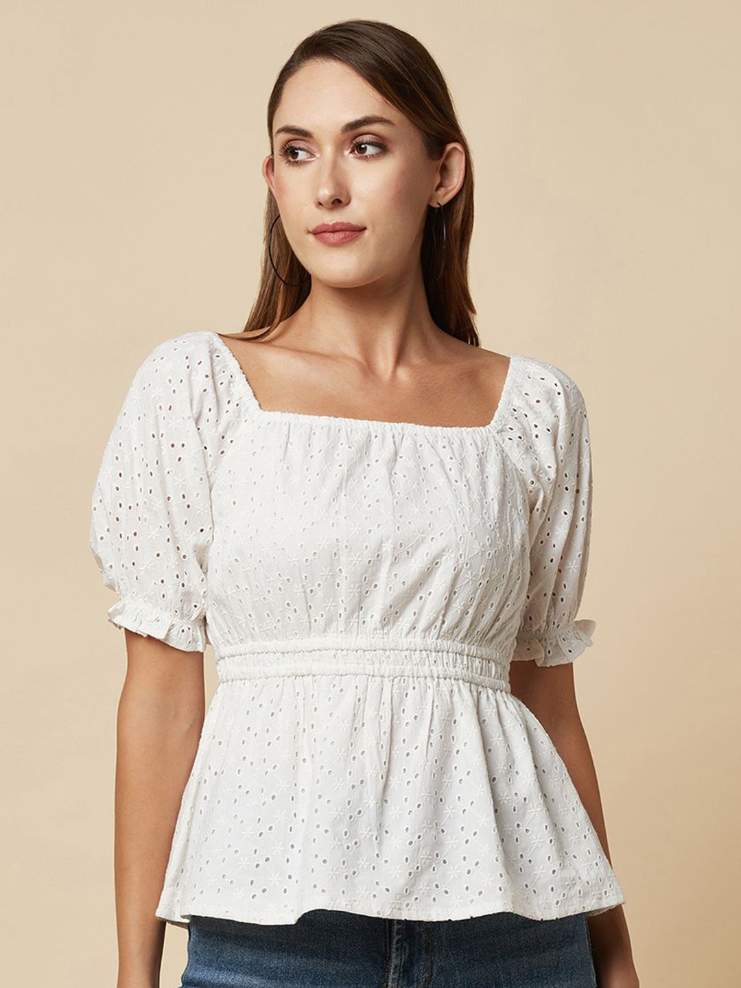 

RAASSIO Women Puff Sleeve Cotton Schiffli Peplum Top, Off white