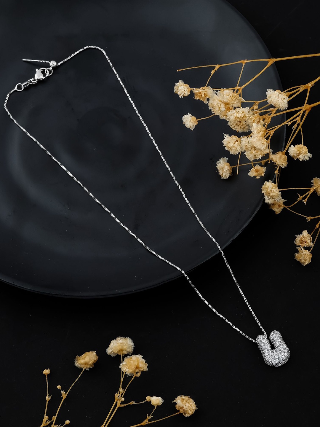 

SKY SHOPPERS Silver Plated Cubic Zirconia Studded Alphabet Pendant Chain