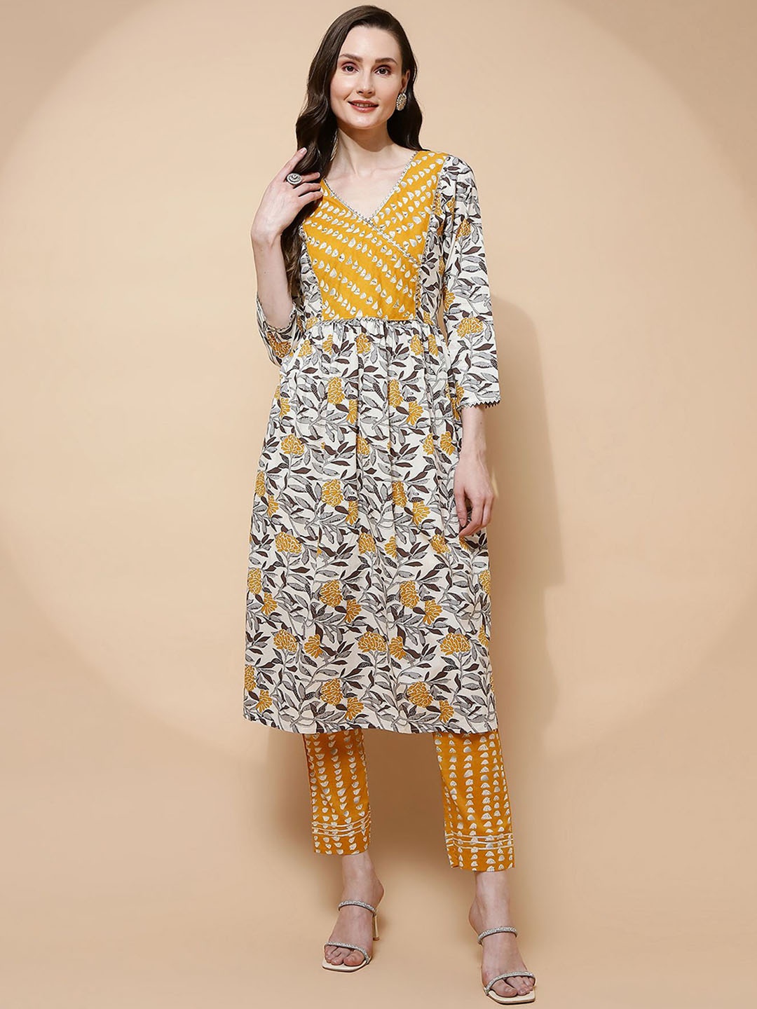 

Me&I Ethnic Motifs Printed Pure Cotton A-Line Kurta With Trousers, Yellow