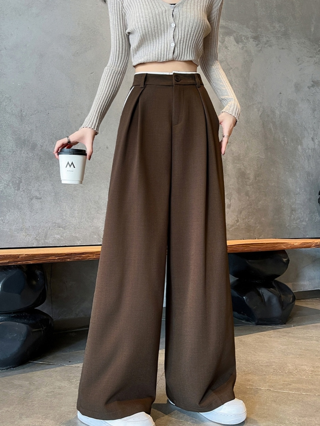 

LULU & SKY Women Loose Fit High-Rise Parallel Trousers, Brown