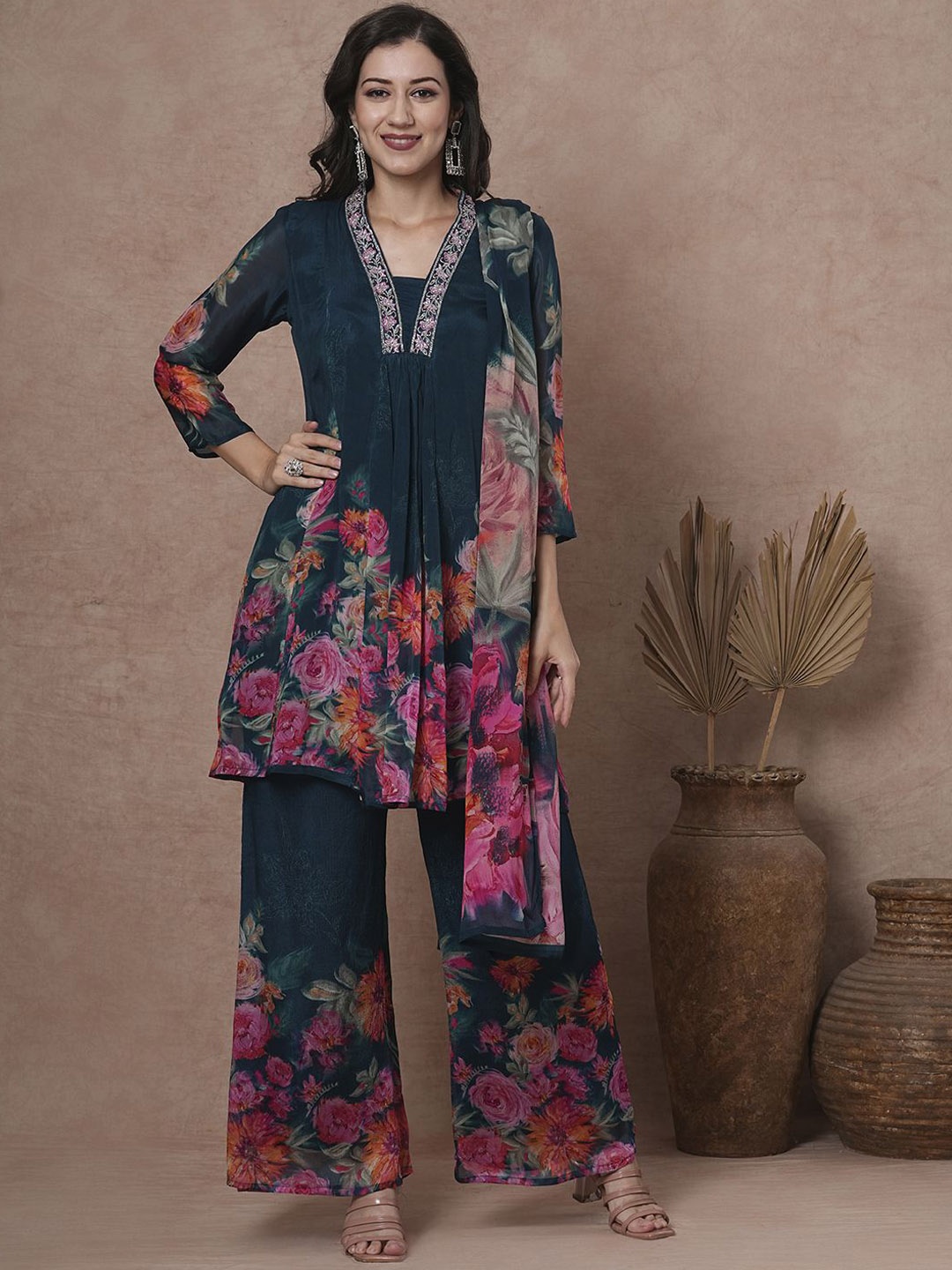 

FASHOR Floral Printed Regular A-Line Kurta with Palazzos & Dupatta, Teal