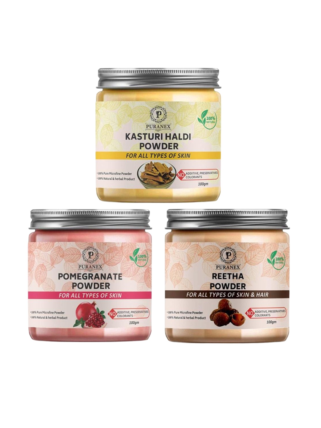 

Puranex Set Of 3 100% Natural Kasturi Haldi & Kaolin Clay Powder Face Pack -100g Each, White