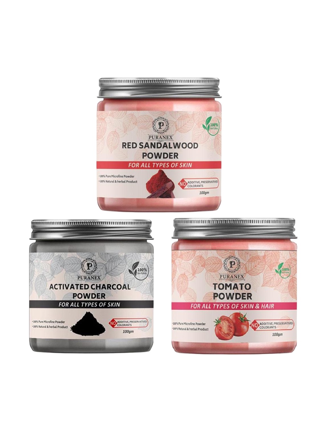 

Puranex Set Of 3 Red Sandalwood, Activated Charcoal & Tomato Skin & Hair Powder-100 g Each, White