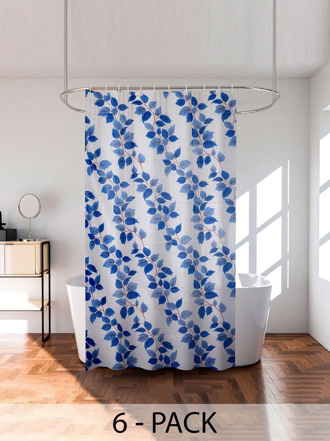 

Kuber Industries White & Blue 6 Pieces Printed Shower Curtain With Rings