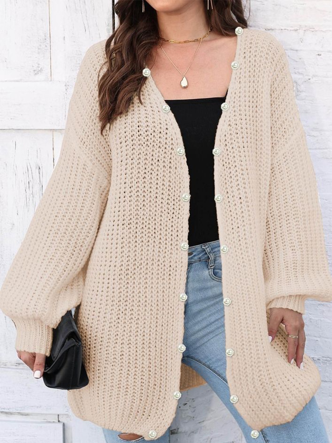 

LULU & SKY Women Self Design Cardigan Sweater, Beige