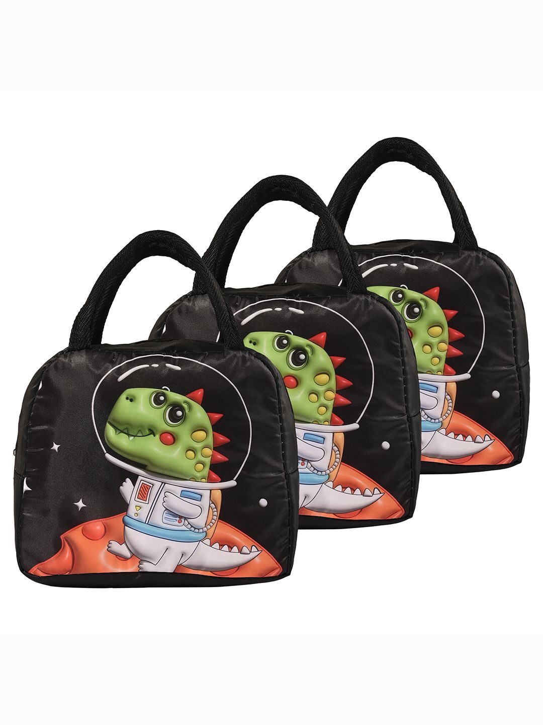 

Kuber Industries Kids Set of 3 Dinosaur Printed Lunch bags Travel Accessory, Black