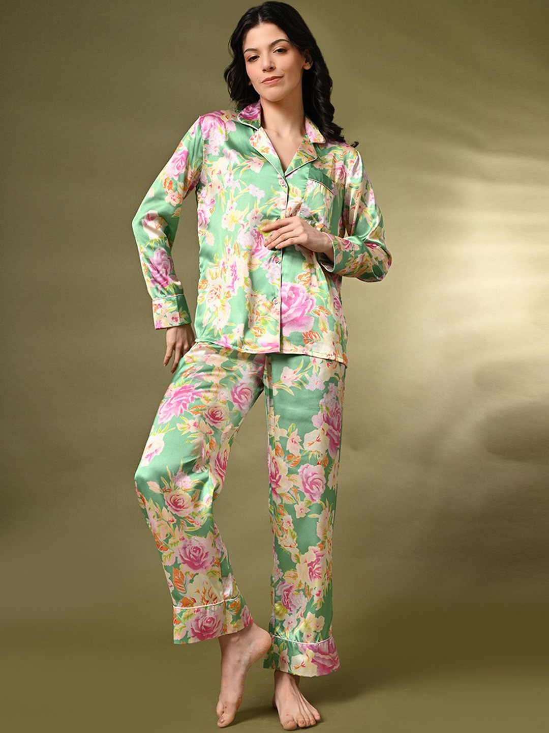 

PRETTY LOVING THING Women Floral Printed Lapel Collar Night suit, Green
