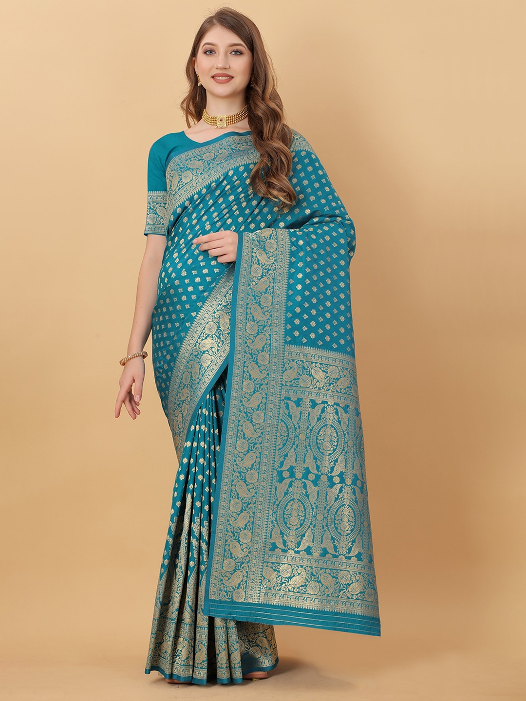 

Anaita Woven Design Zari Silk Blend Saree, Turquoise blue