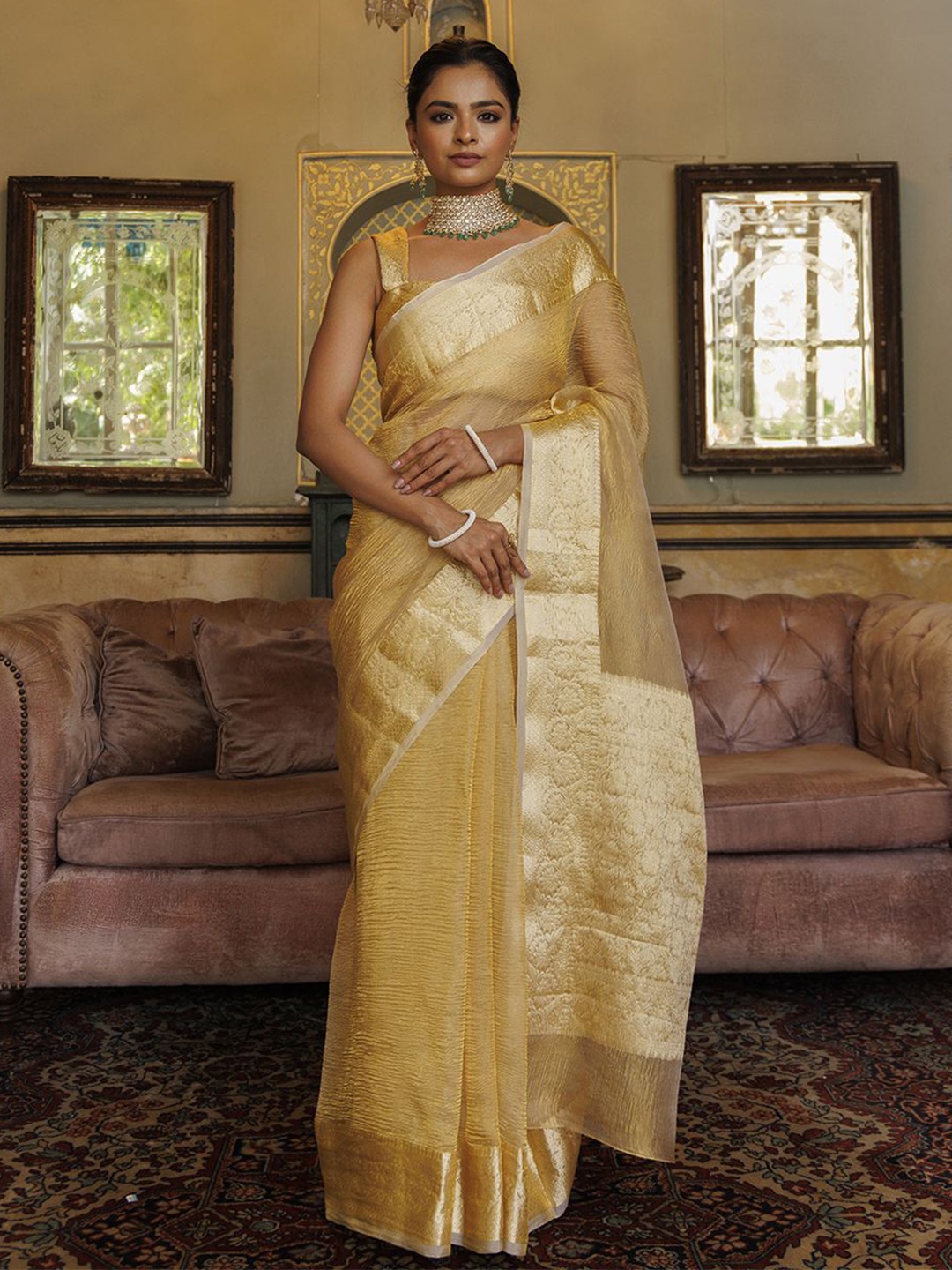 

Geroo Luxe Zari Tissue Banarasi Saree, Gold