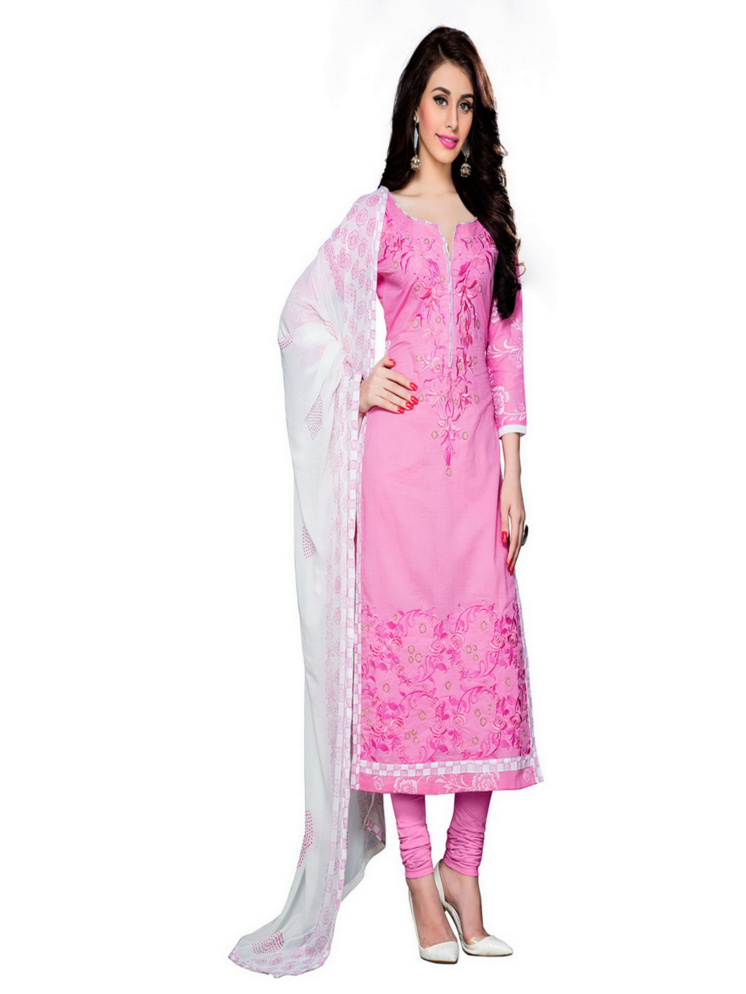

Maroosh Floral Embroidered Thread Work Unstitched Dress Material, Pink