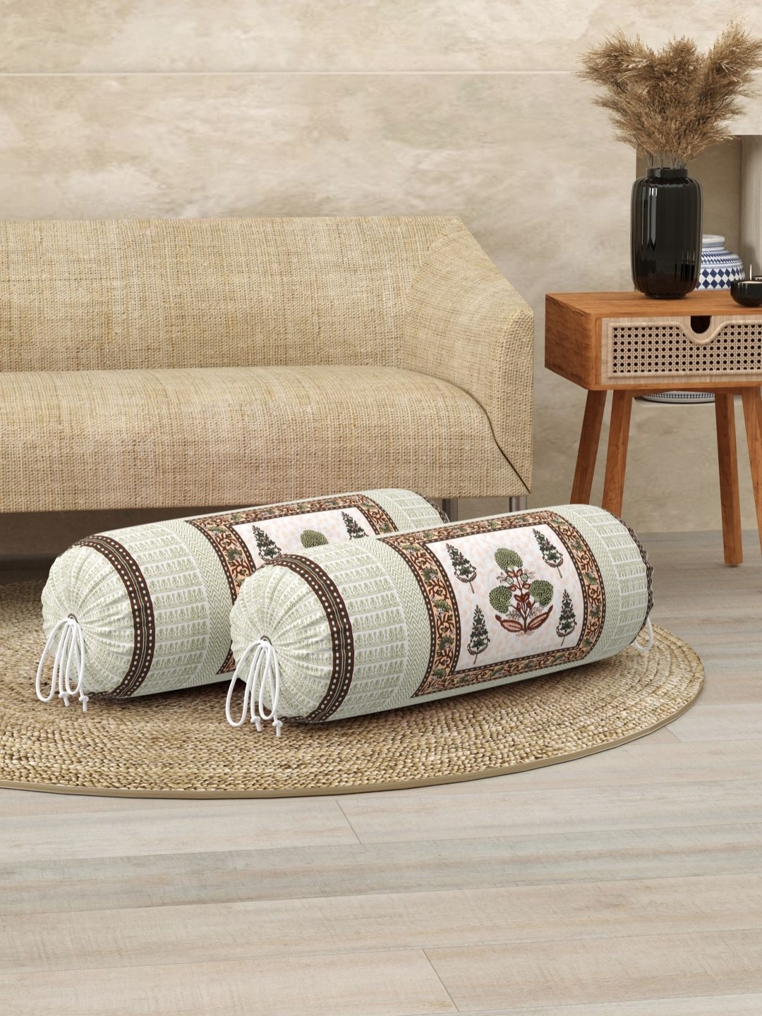 

BLOCKS OF INDIA Peach Coloured & Green2 Pieces Ethnic Motifs Printed Bolster Covers