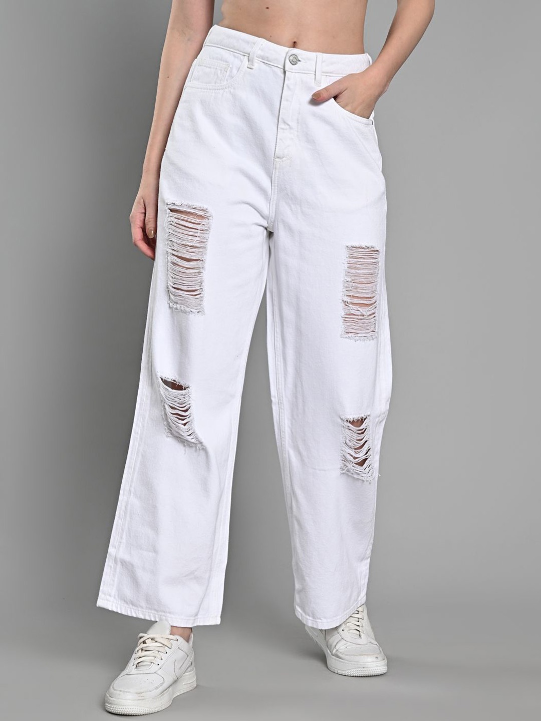 

IZEL Women Wide Leg Highly Distressed Jeans, Off white