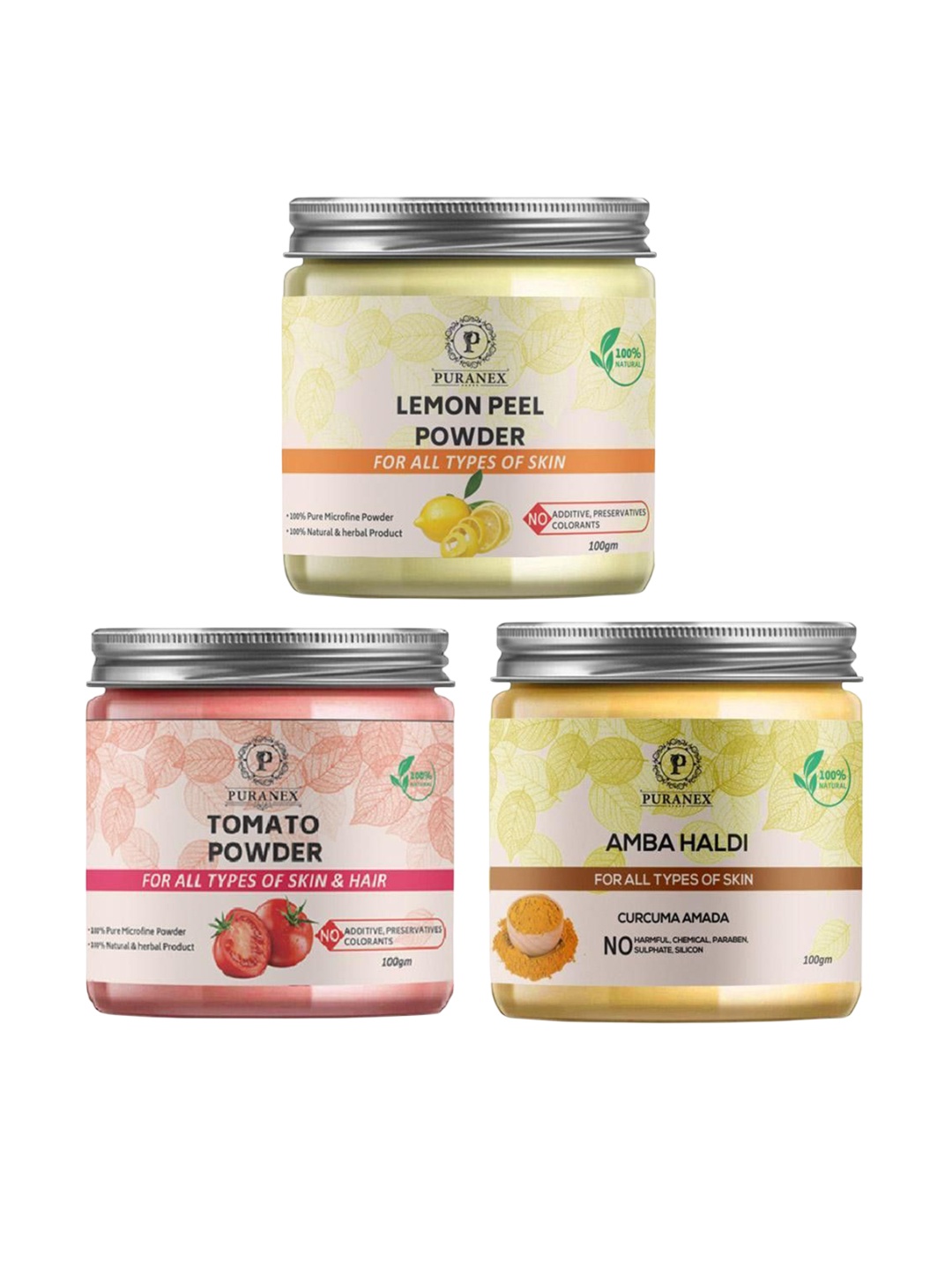 

Puranex Set Of 3 Lemon Peel, Tomato & Amba Haldi Skin & Hair Powder-100 g Each, White