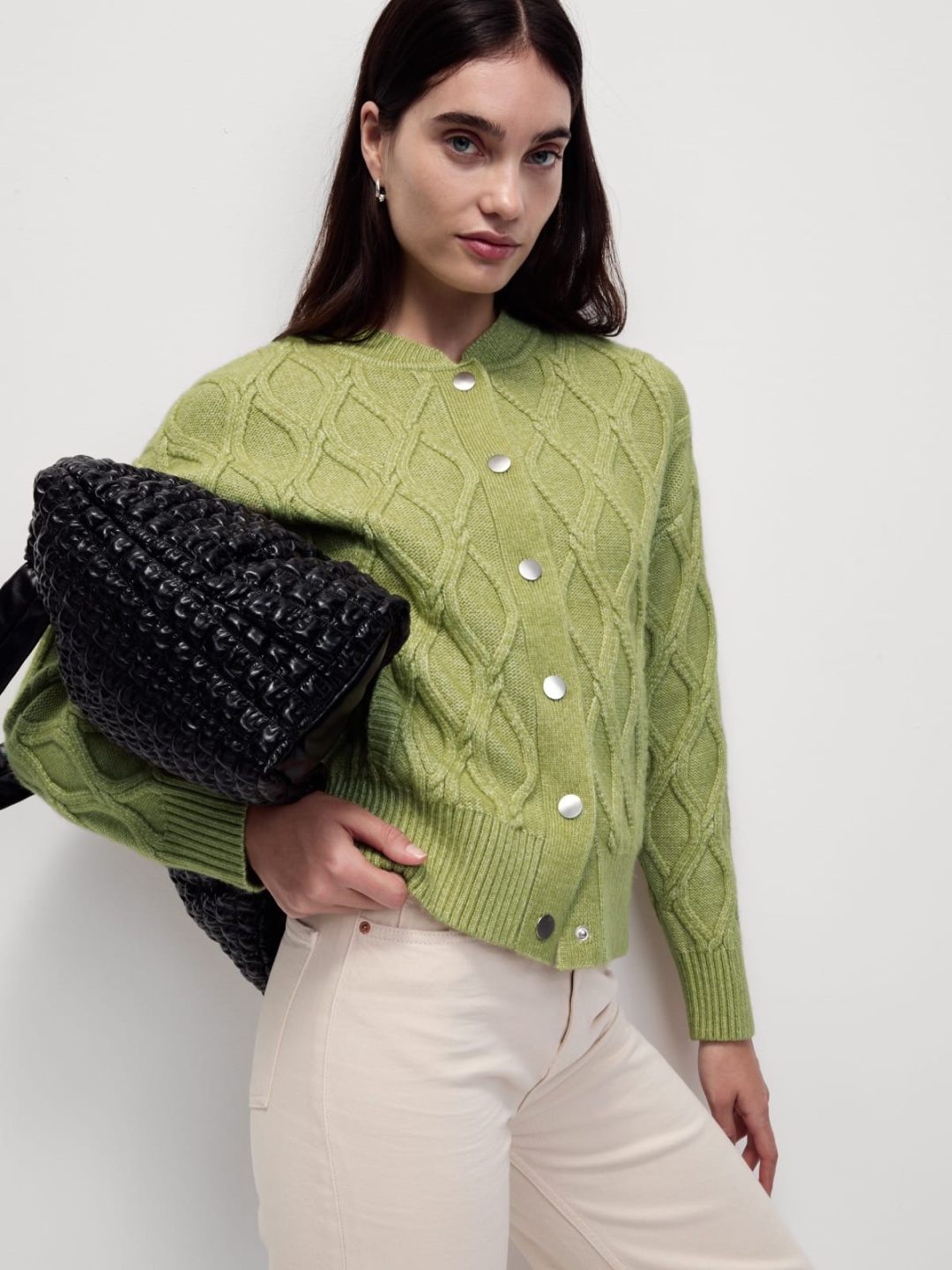 

Marks & Spencer Women Cable Knit Self Design Winter Cardigan, Green