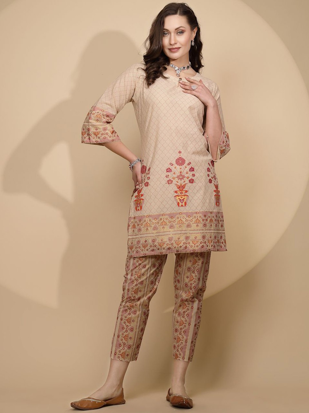 

Me&I Keyhole Neck Floral Printed Sequinned Pure Cotton Kurta with Trousers, Beige