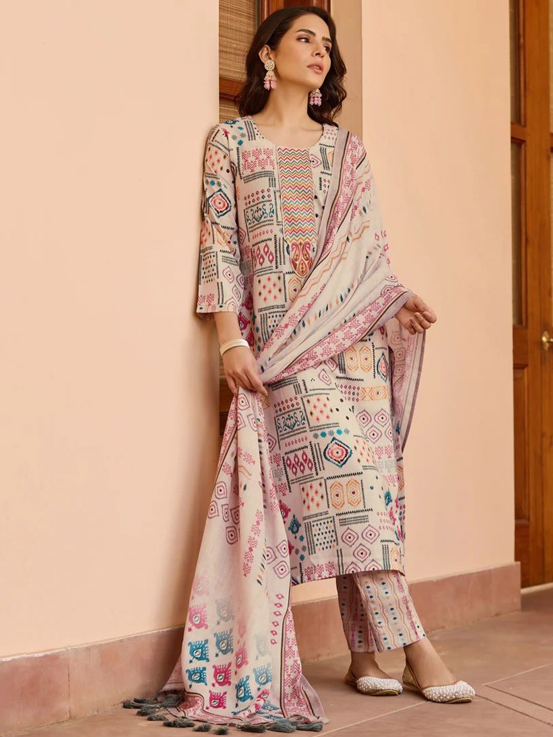 

LeeliPeeri Designer Geometric Printed Kurta With Trousers & Dupatta, Beige