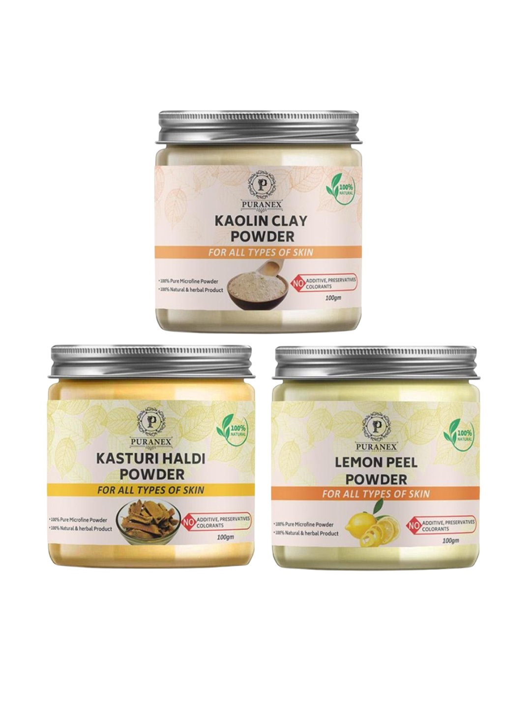 

Puranex Set Of 3 Natural Kaolin Clay - Kasturi Haldi & Lemon Peel Powder - 100g Each, White