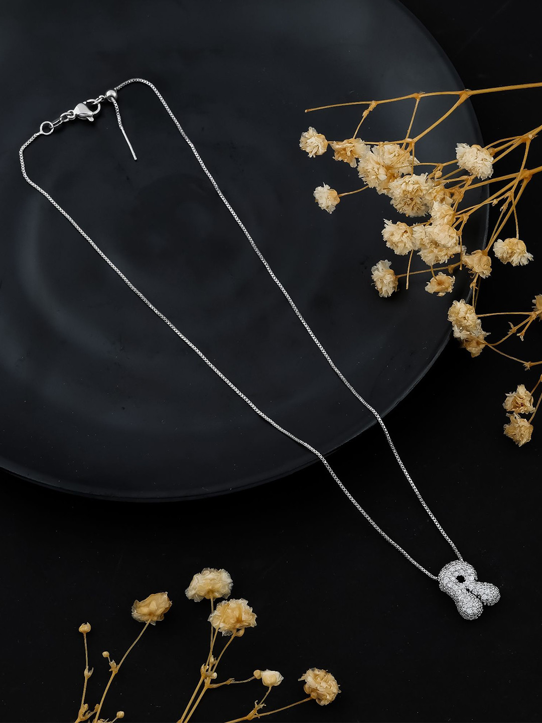 

SKY SHOPPERS Silver Plated Cubic Zirconia Studded Alphabet Pendant Chain