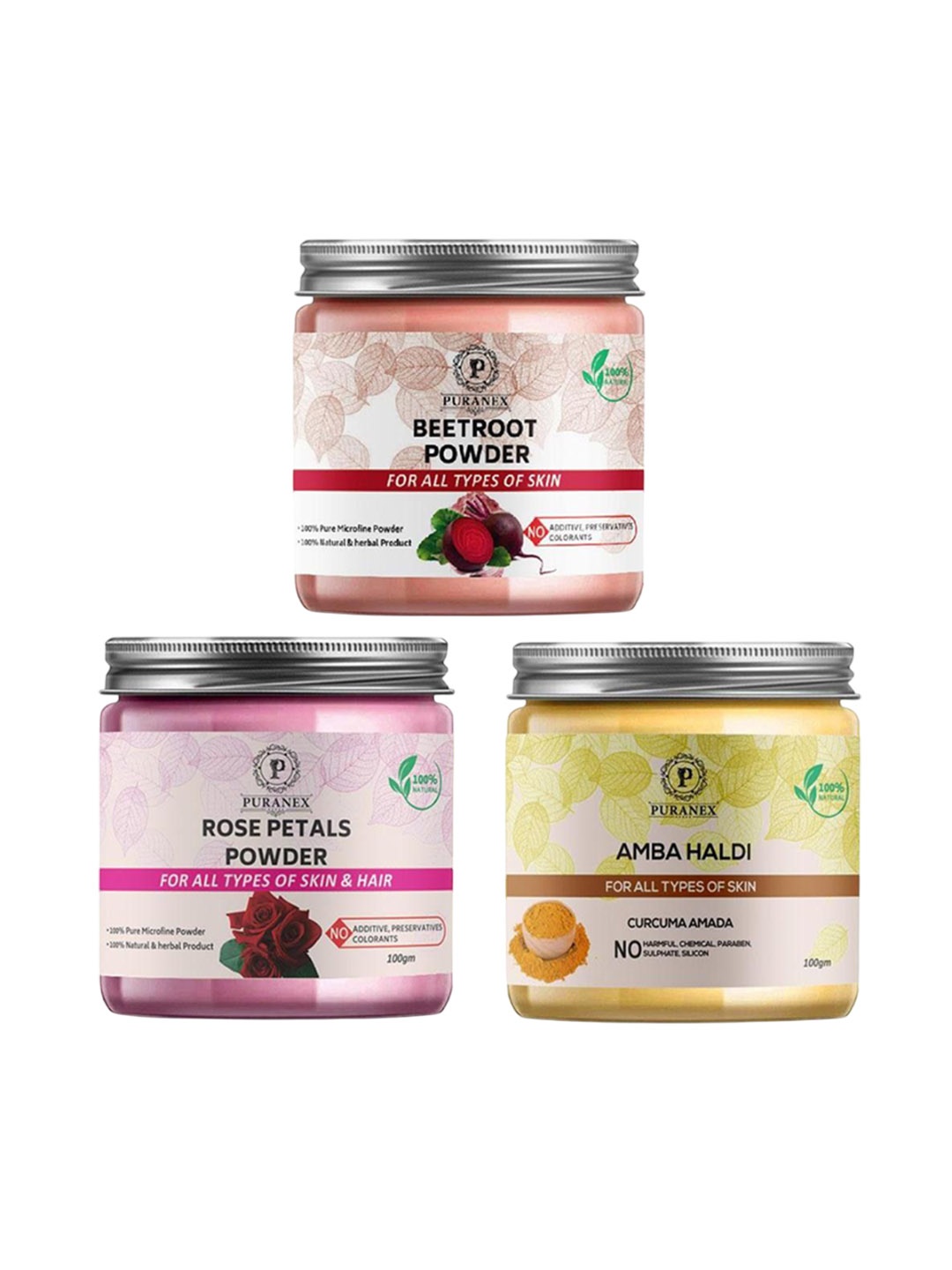 

Puranex Set Of 3 Beetroot- Rose Petal & Amba Haldi Powder For Skin & Hair - 100g Each, Orange