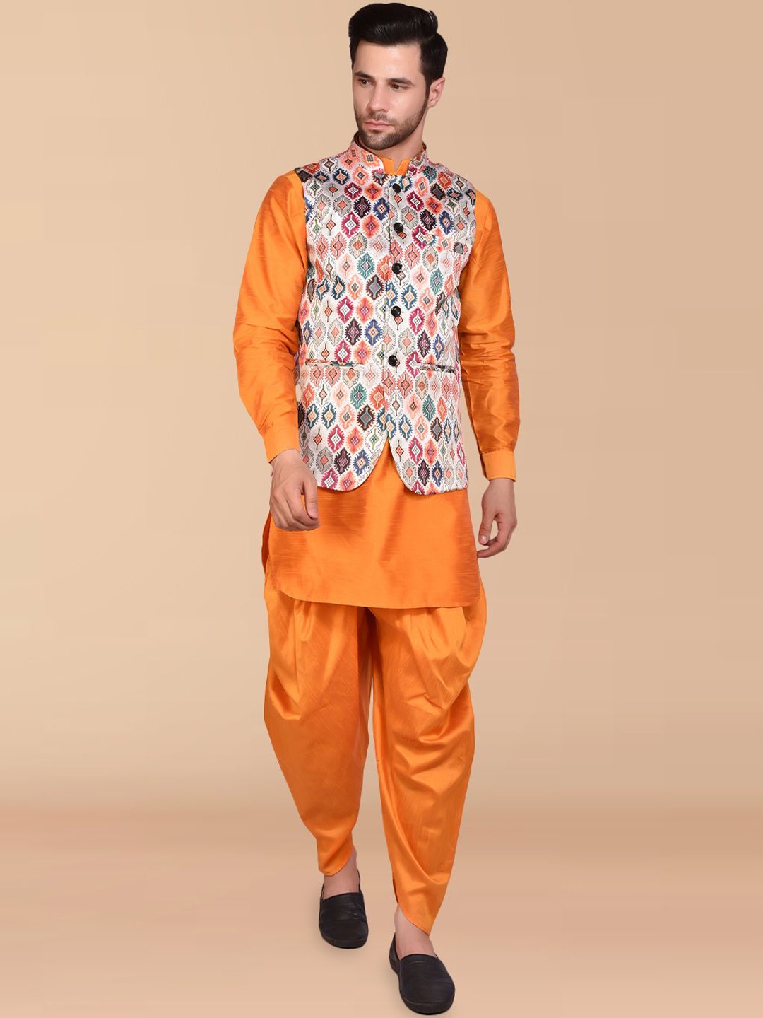 

PRINTINDIA Mandarin Collar Pure Silk Straight Kurta with Harem Pants & Nehru jacket, Orange