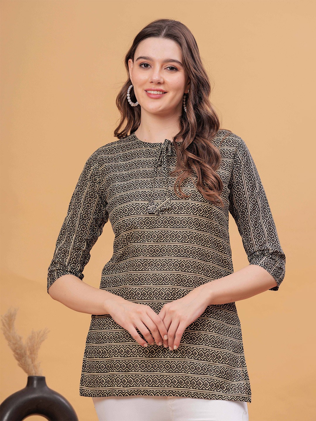 

kipek Tie-Up Neck A-Line Cotton Top, Brown