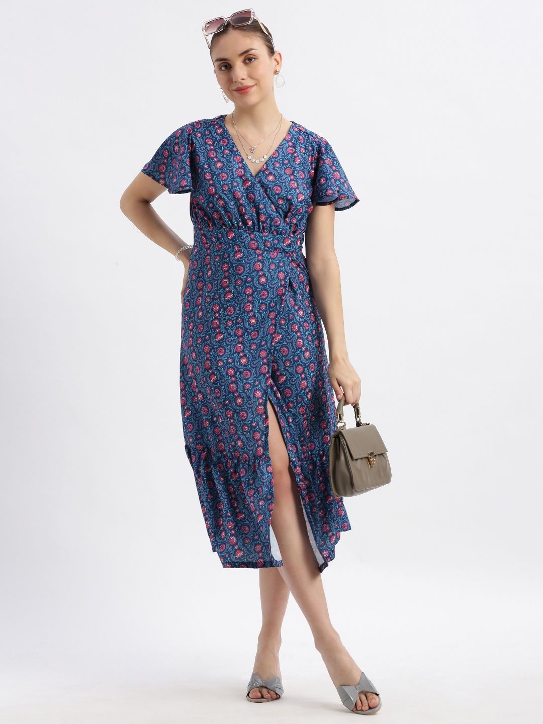 

Grit and Flair Women Floral Printed Flared Sleeve Wrap Midi Dress, Navy blue