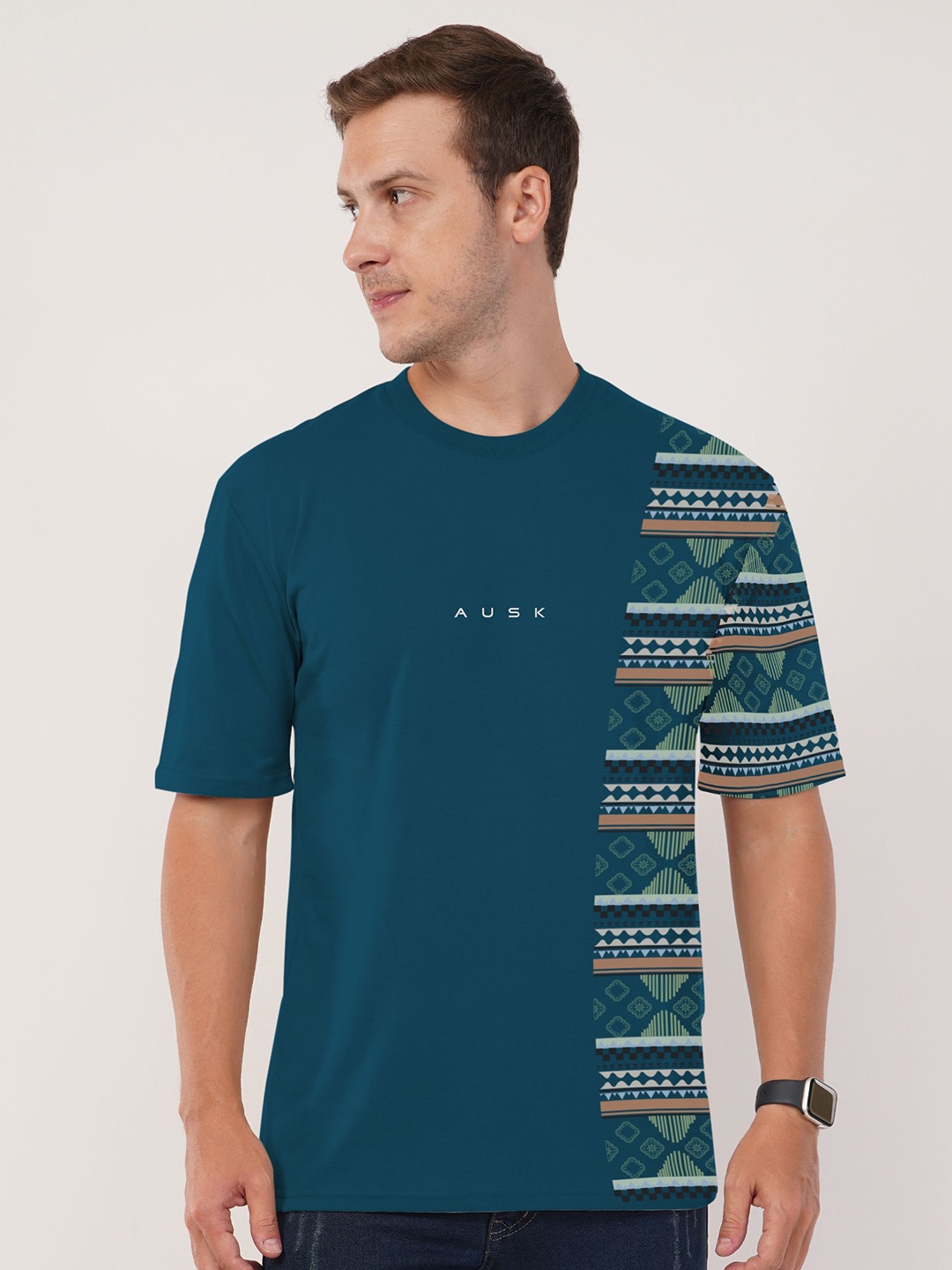 

AUSK Front Printed Half Sleeve Round Neck Tshirt, Teal