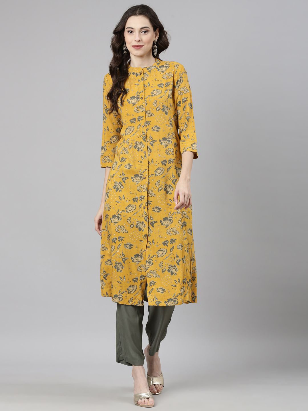 

Neerus Floral Printed Kurta with Trouser, Mustard