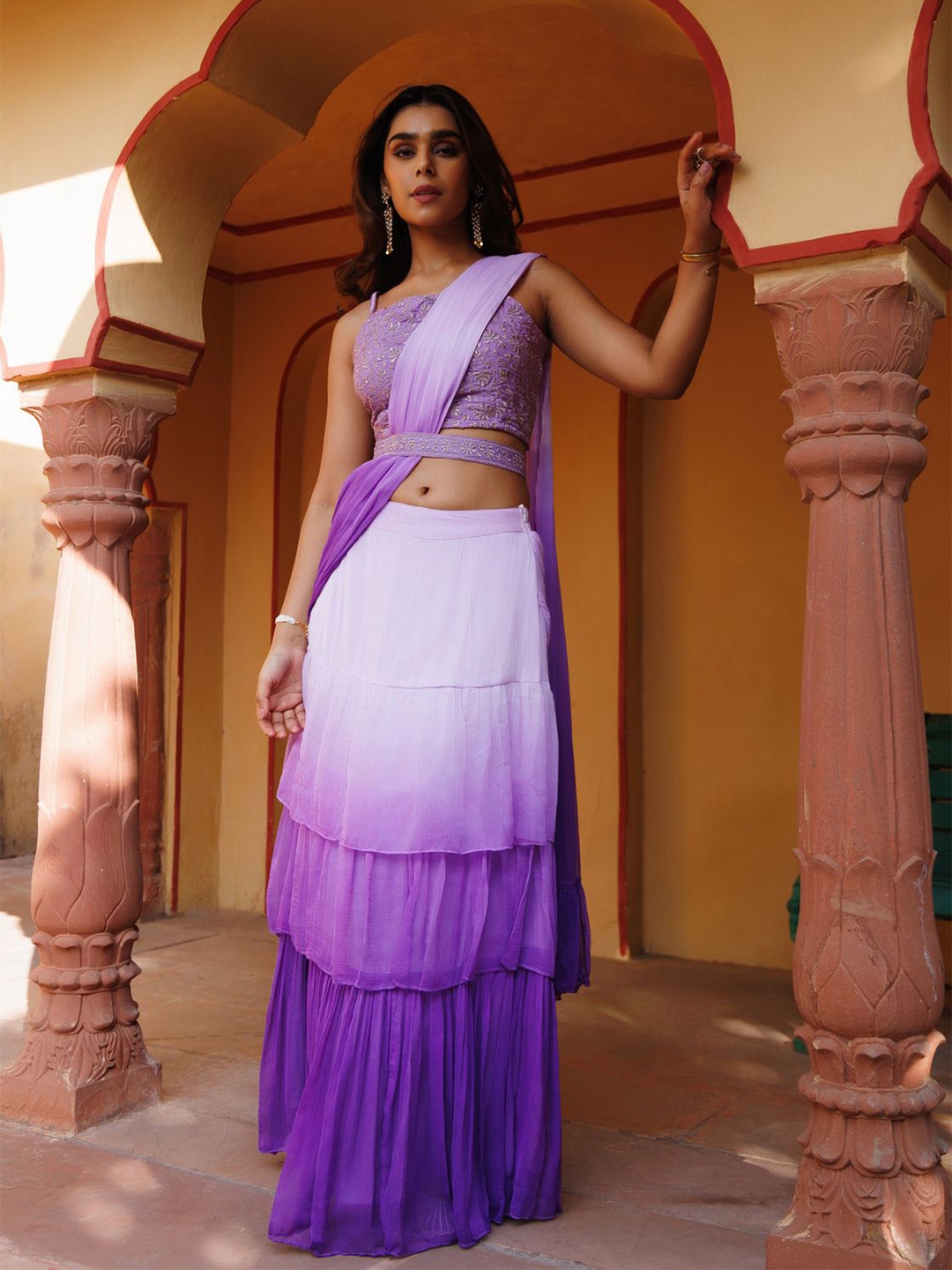 

Geroo Luxe Ombre Embroidered Pure Chiffon Ready to Wear Saree, Purple