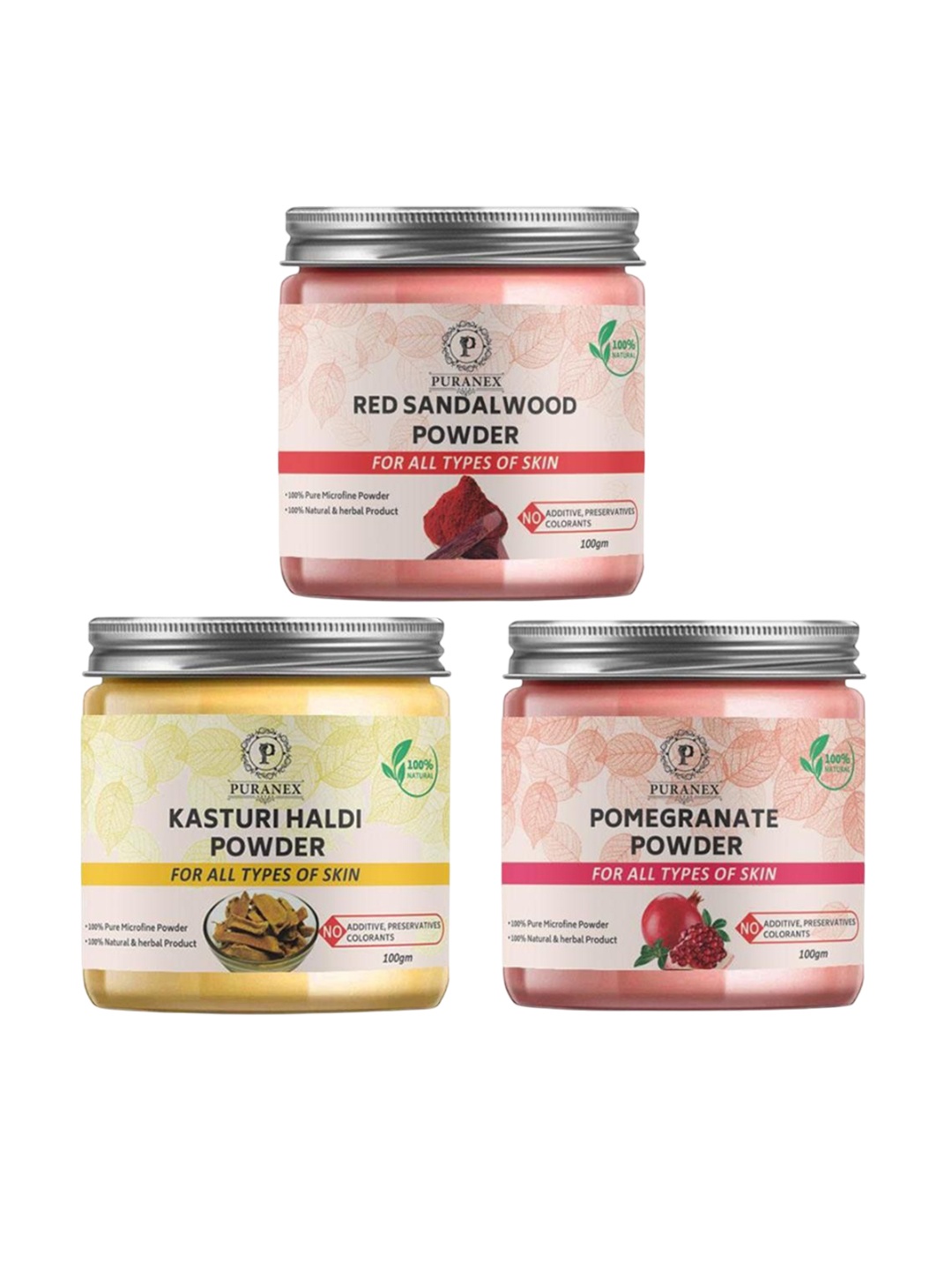 

Puranex Set Of 3 Sandalwood - Pomegranate & Kasturi Haldi Powder - 100 g Each, Pink