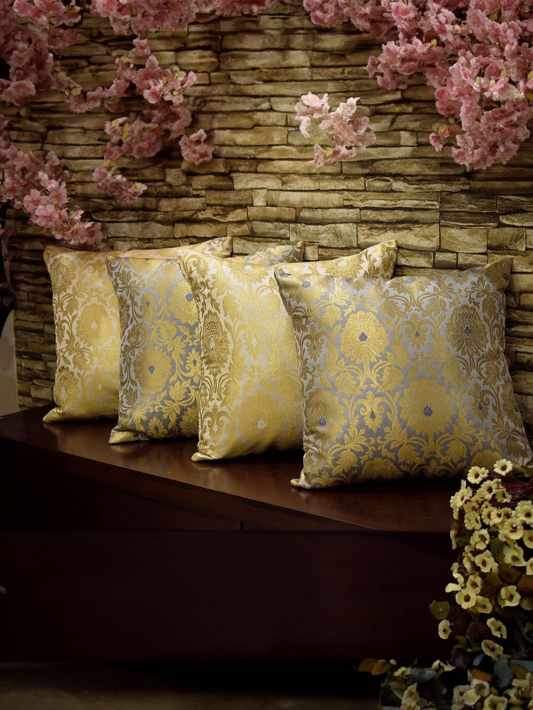 

RoyalDeco Grey & Gold-Toned 4 Pieces Embroidered Square Cushion Covers