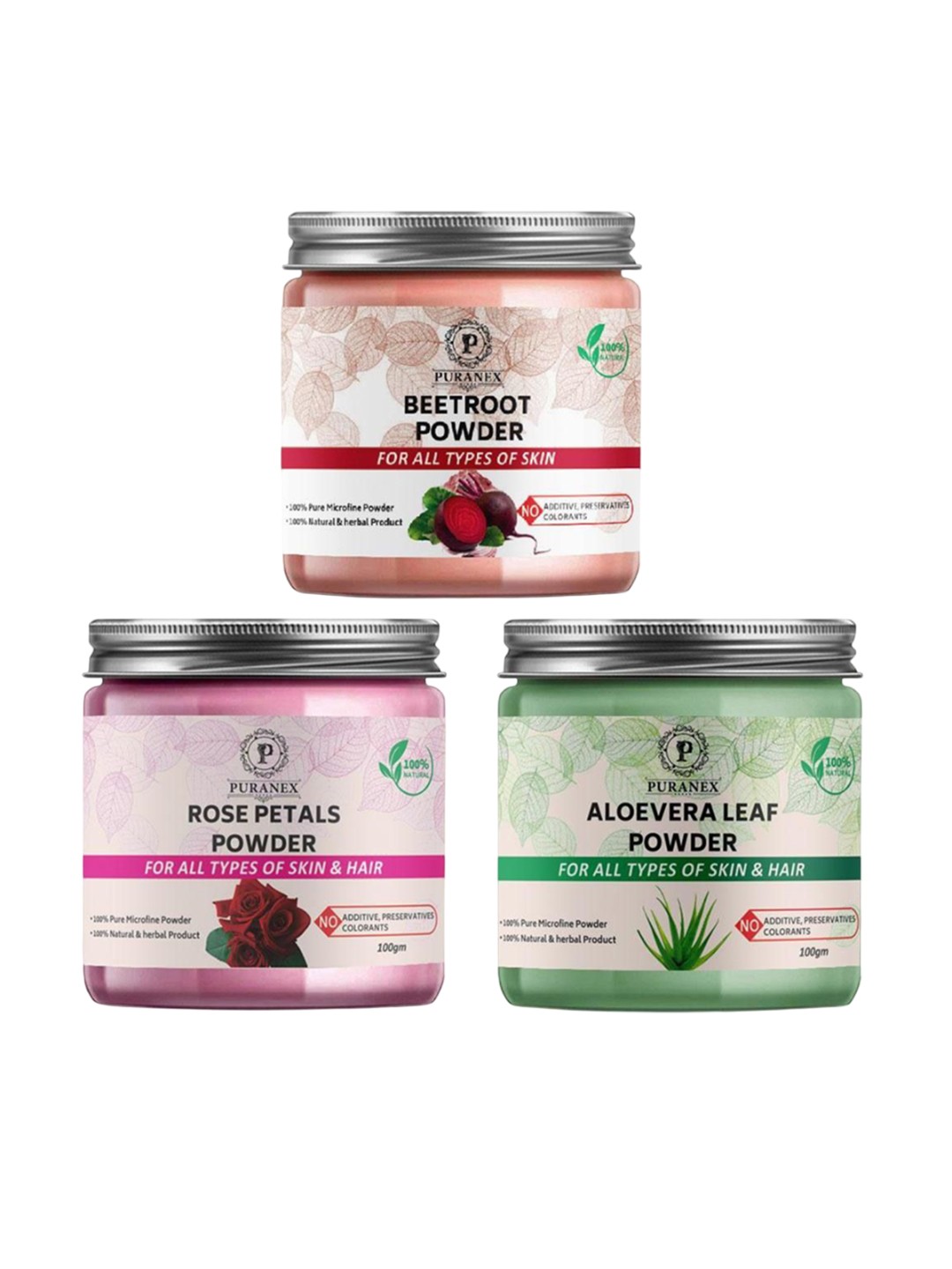

Puranex Set Of 3 Natural Beetroot - Rose Petals & Aloevera Leaf Powder - 100 g Each, Pink