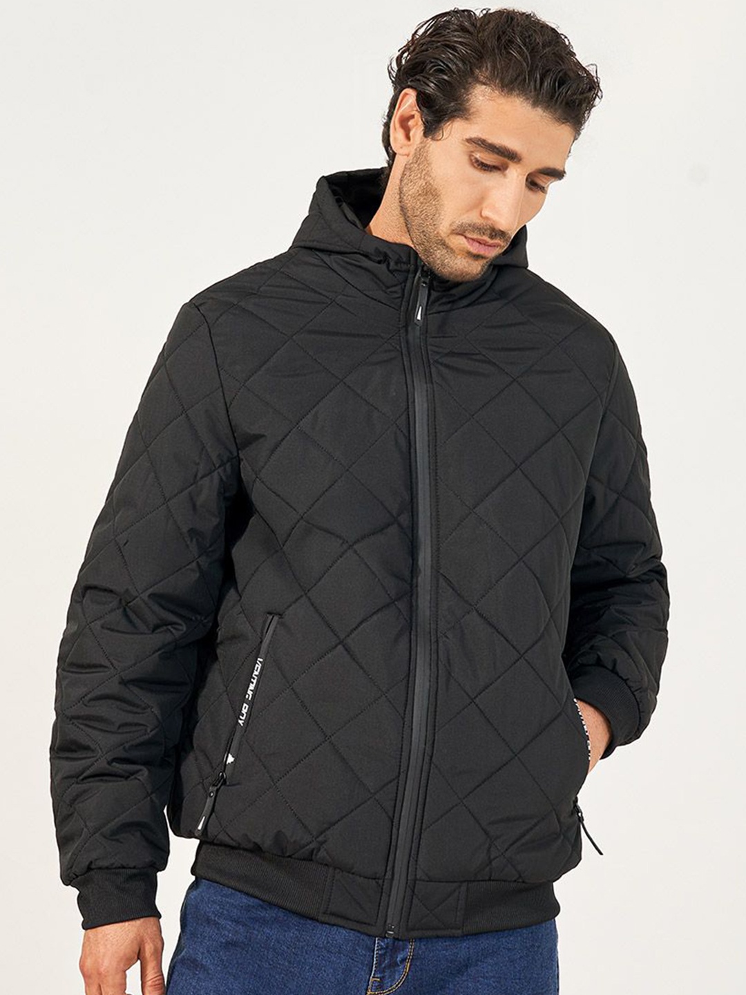 

Styli Men Quilted Hooded Puffer Jacket with Zipper Pockets, Black